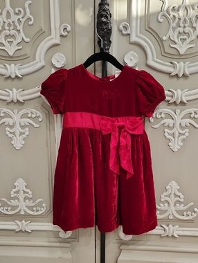 Rachel Riley Girls' Red Crushed Velvet Party Dress with Satin Bow Size 2